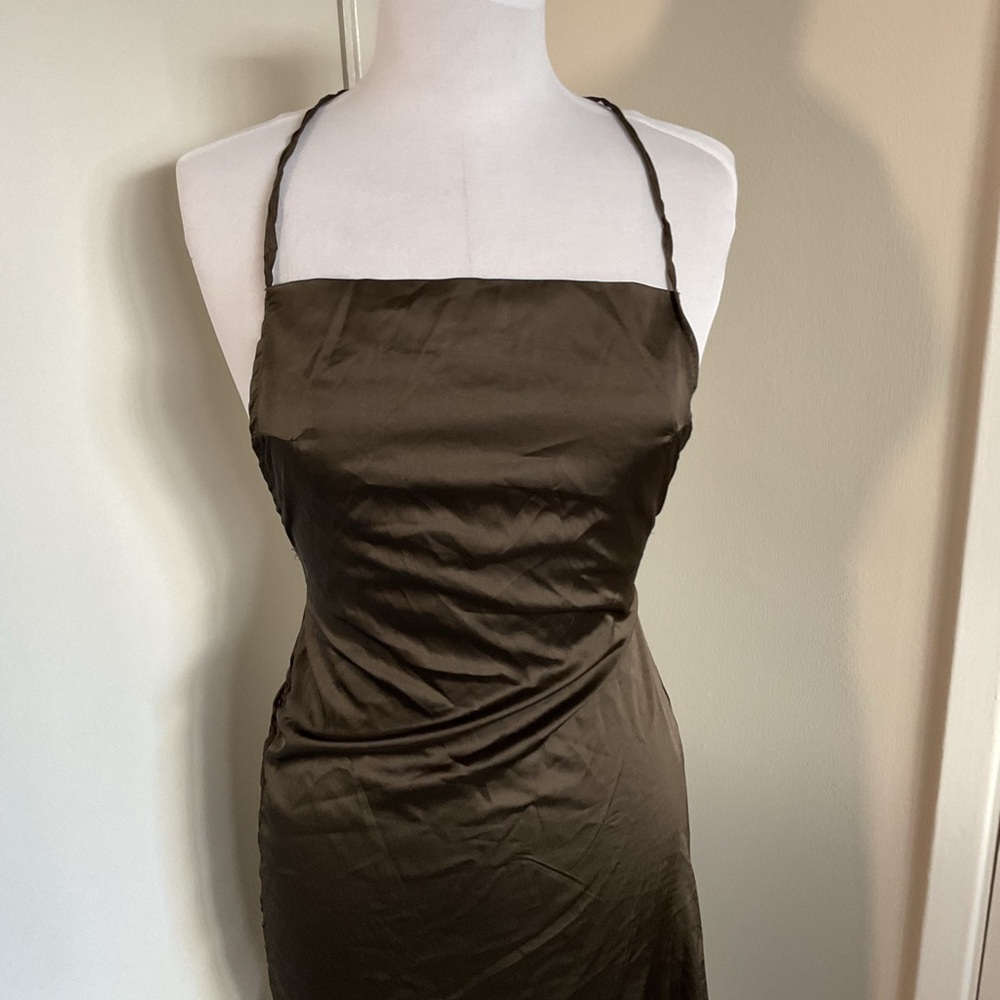 CBR Brown Satin Halter Backless Dress Side Tie Asymmetrical Medium - Picture 2 of 7